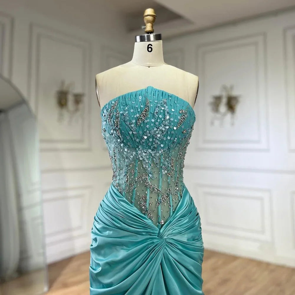 Serene Hill Blue Split Mermaid Luxury Beaded Arabic Dubai Evening Dresses Gowns for Women Wedding Party LA72572 - SERENE HILL