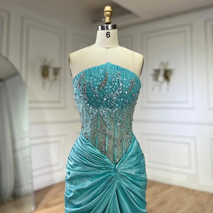 Serene Hill Blue Split Mermaid Luxury Beaded Arabic Dubai Evening Dresses Gowns for Women Wedding Party LA72572 - SERENE HILL