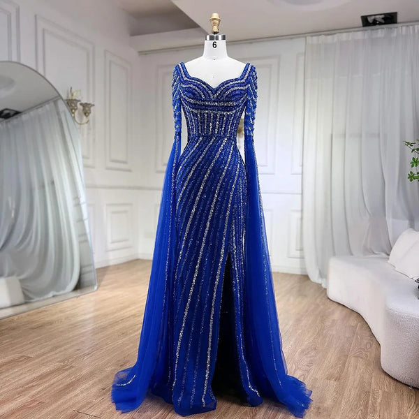 Blue Sweetheart Beaded Long Sleeves Mermaid Evening Gown LA72314