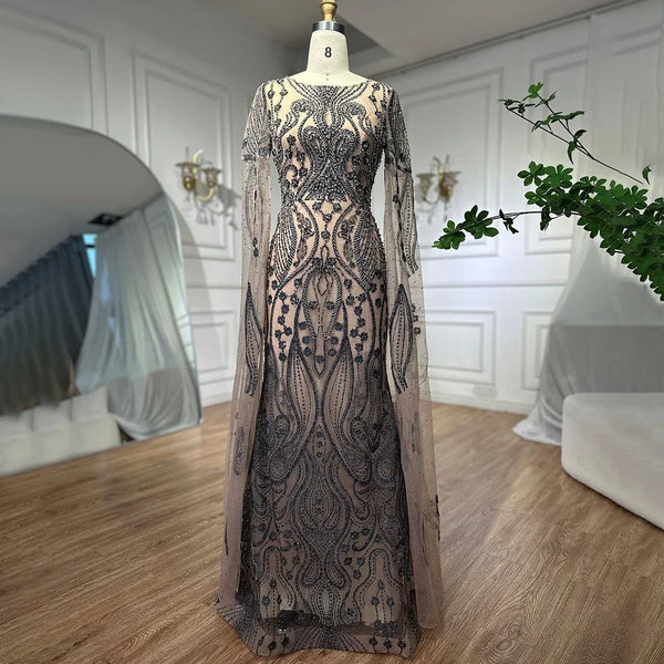 Serene Hill Brown Arabic Mermaid Elegant Cape Sleeves Sexy Evening Dresses Gowns 2025 Luxury Beaded For Women Party LA71832