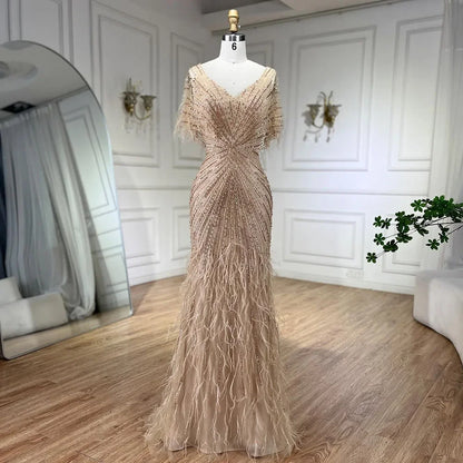 Dubai Feathers Brown Mermaid Evening Dresses LA71323 - SERENE HILL