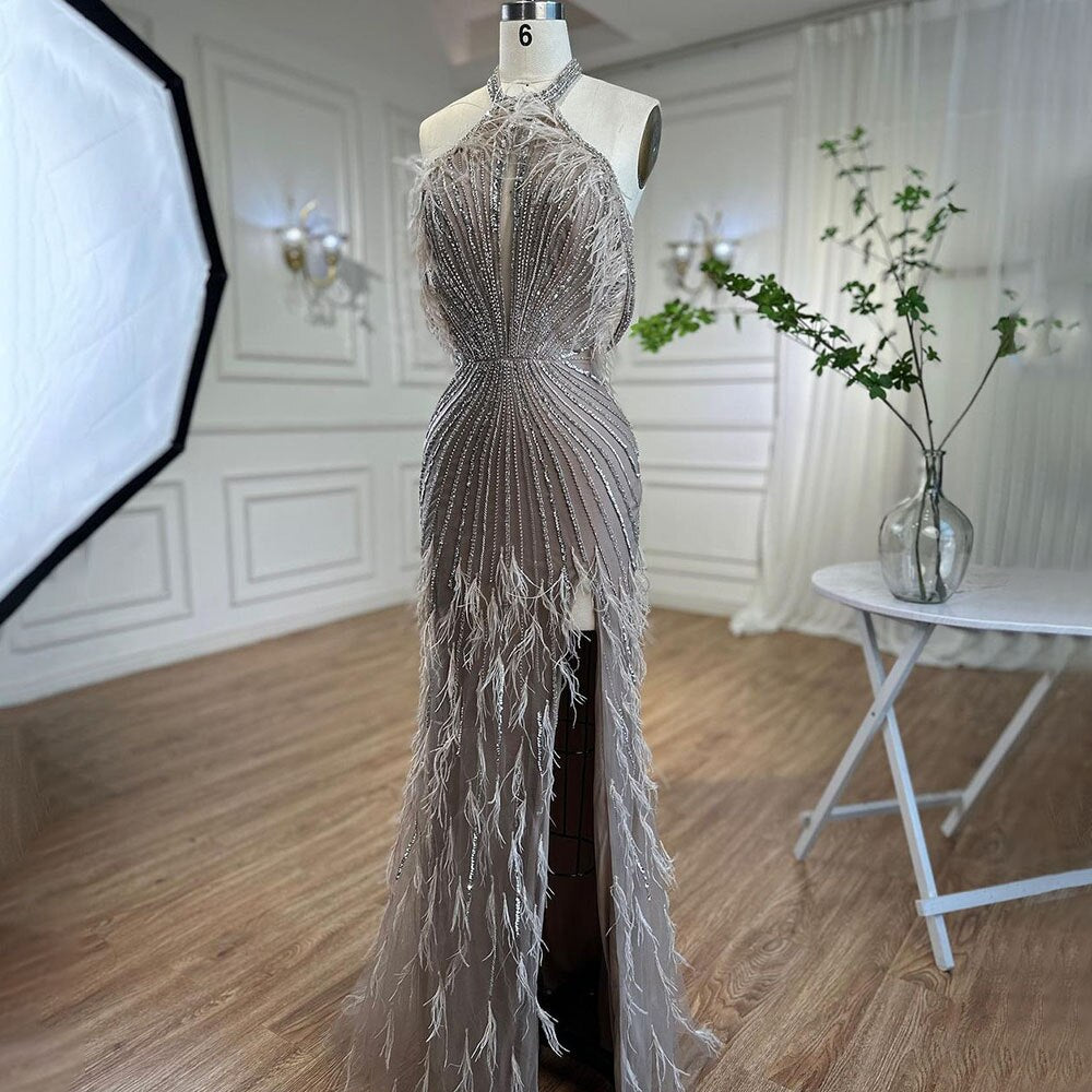 On Sale no return no refund Serene Hill Carame Mermaid Sleeveless Sexy High Split Beaded Feathers Evening Dresses Gowns For Women Wedding Party 2025 LA72132 - SERENE HILL