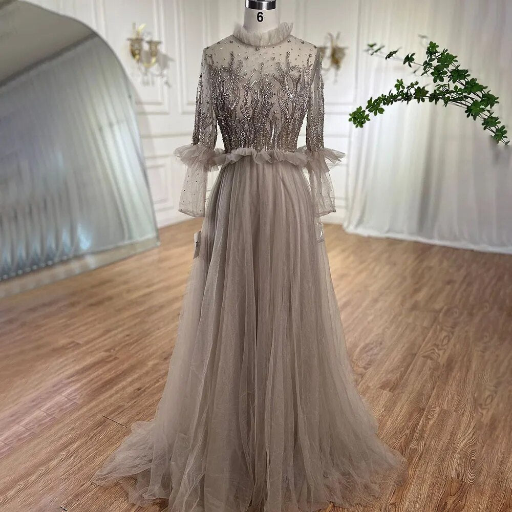 Serene Hill Caramel A Line O Neck Beaded Crystal Evening Dresses Gowns Long Sleeves For Woman Wedding Party 2025 LA70147 - SERENE HILL