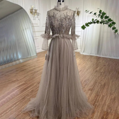 Serene Hill Caramel A Line O Neck Beaded Crystal Evening Dresses Gowns Long Sleeves For Woman Wedding Party 2025 LA70147 - SERENE HILL