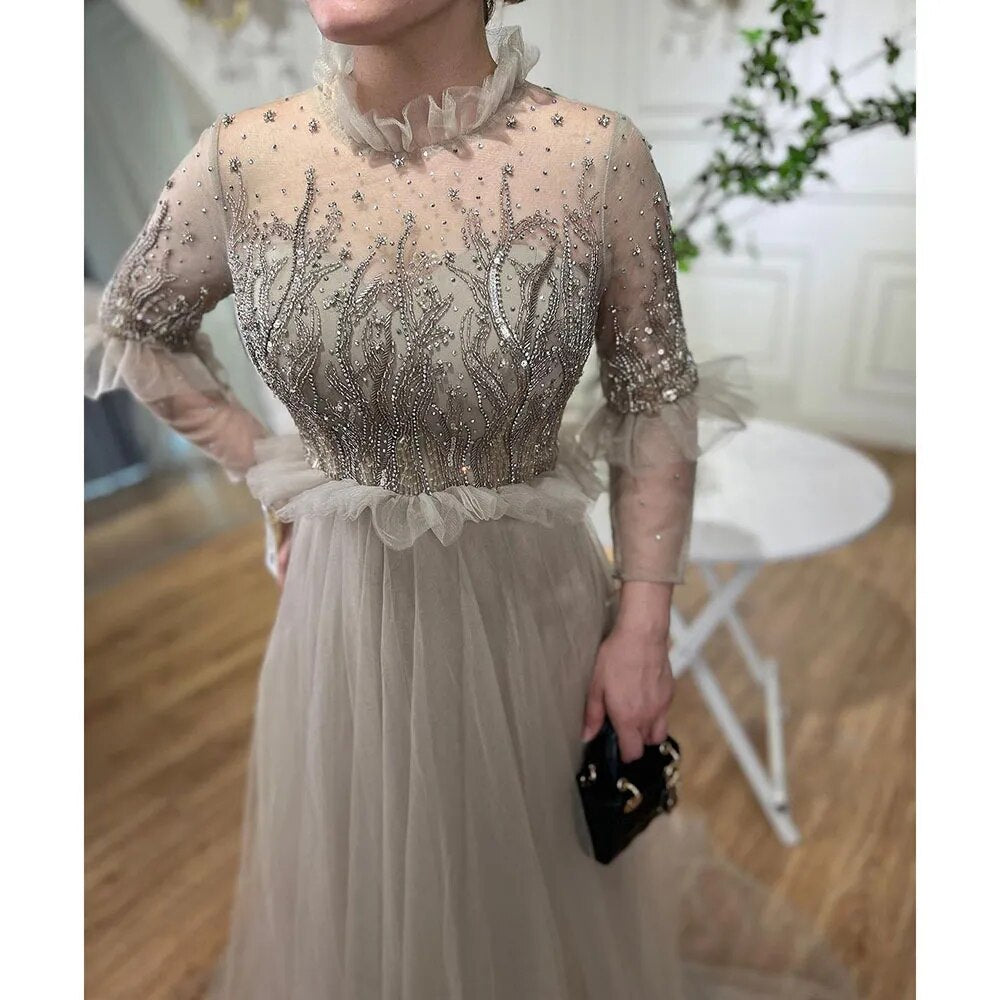 Serene Hill Caramel A Line O Neck Beaded Crystal Evening Dresses Gowns Long Sleeves For Woman Wedding Party 2025 LA70147 - SERENE HILL