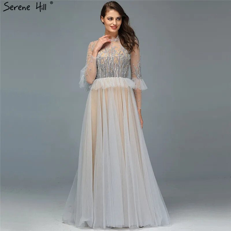 Serene Hill Caramel A Line O Neck Beaded Crystal Evening Dresses Gowns Long Sleeves For Woman Wedding Party 2025 LA70147 - SERENE HILL