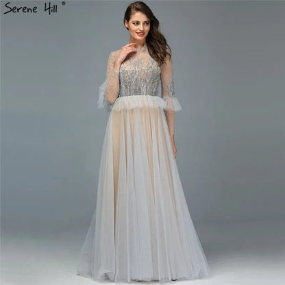 Serene Hill Caramel A Line O Neck Beaded Crystal Evening Dresses Gowns Long Sleeves For Woman Wedding Party 2025 LA70147 - SERENE HILL