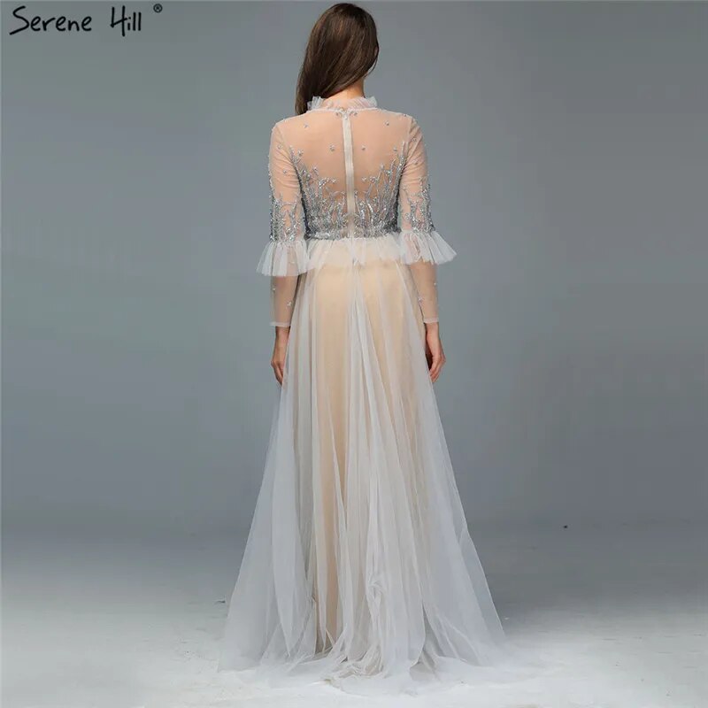 Serene Hill Caramel A Line O Neck Beaded Crystal Evening Dresses Gowns Long Sleeves For Woman Wedding Party 2025 LA70147 - SERENE HILL