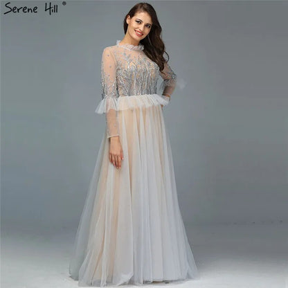 Serene Hill Caramel A Line O Neck Beaded Crystal Evening Dresses Gowns Long Sleeves For Woman Wedding Party 2025 LA70147 - SERENE HILL