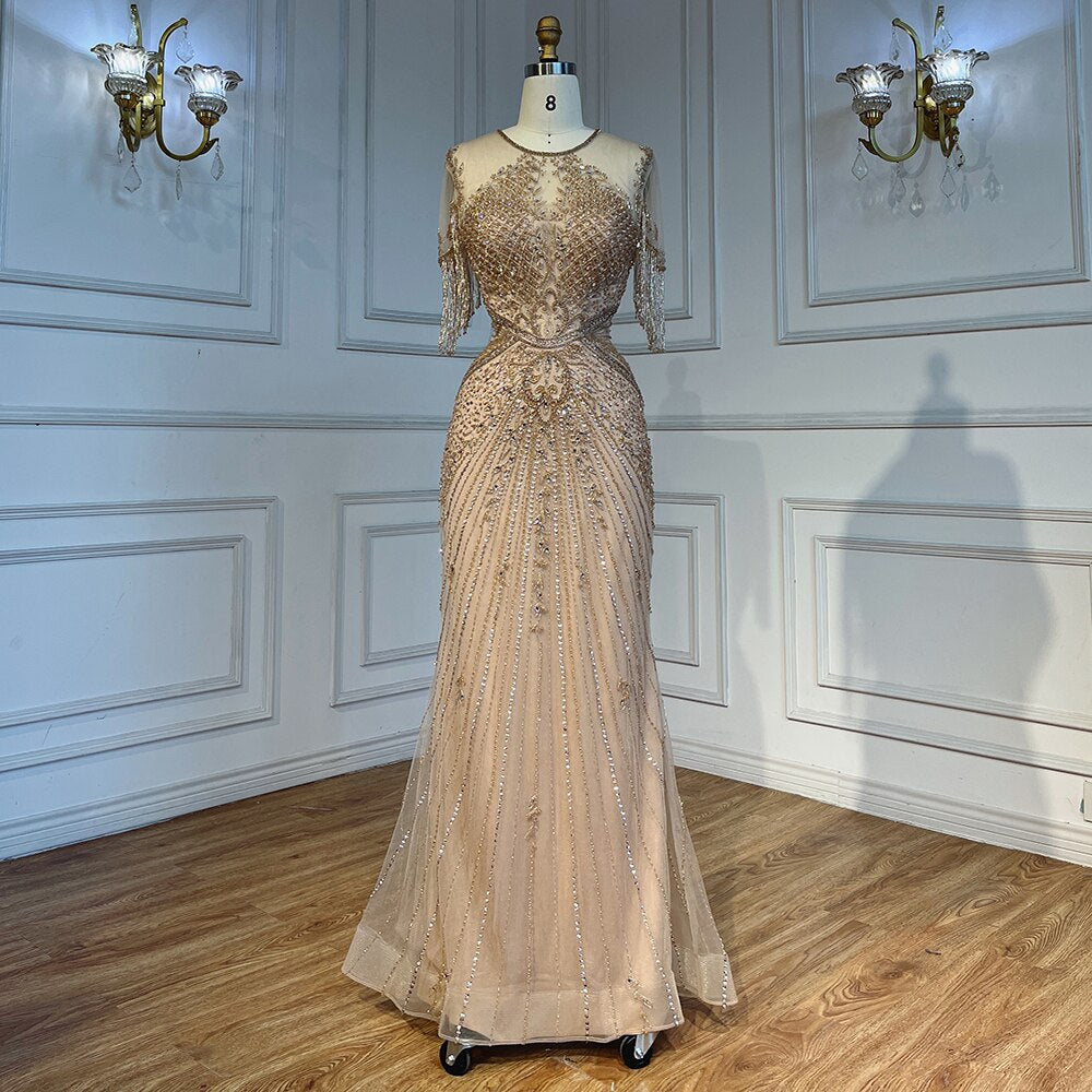 Serene Hill Caramel Cap Sleeves Tassel Mermaid Beaded Evening Dresses Wedding Party Gowns For Mother of the Bride 2025 LA72069 - SERENE HILL