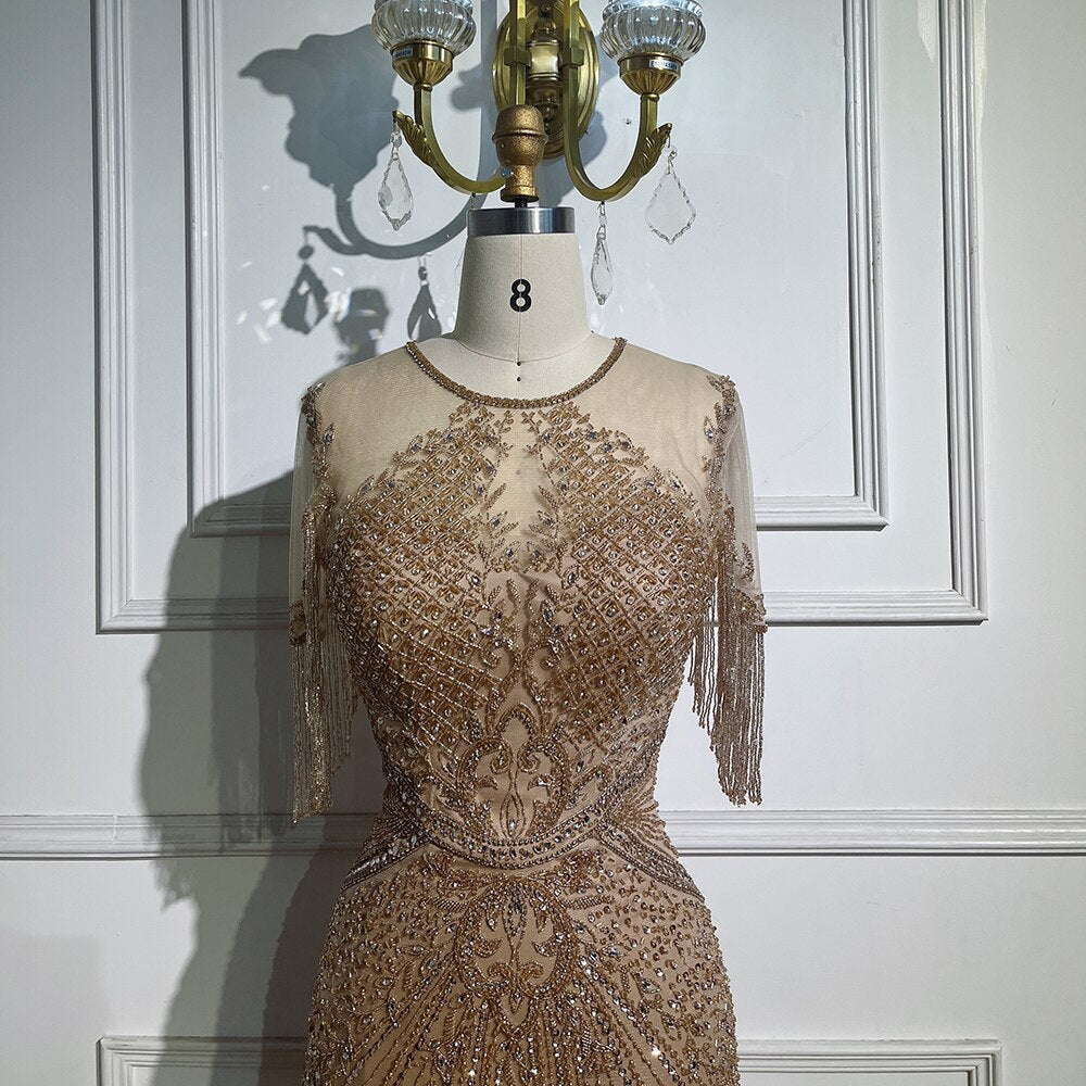 Serene Hill Caramel Cap Sleeves Tassel Mermaid Beaded Evening Dresses Wedding Party Gowns For Mother of the Bride 2025 LA72069 - SERENE HILL