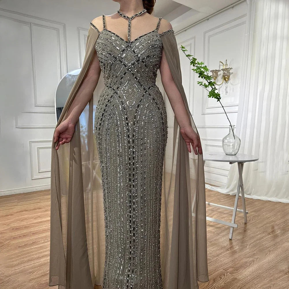 Serene Hill Caramel Cape Sleeves Mermaid Evening Dresses Luxury Beaded Party Gowns 2025 For Women LA72053 - SERENE HILL