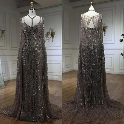 Serene Hill Caramel Cape Sleeves Mermaid Evening Dresses Luxury Beaded Party Gowns 2025 For Women LA72053 - SERENE HILL