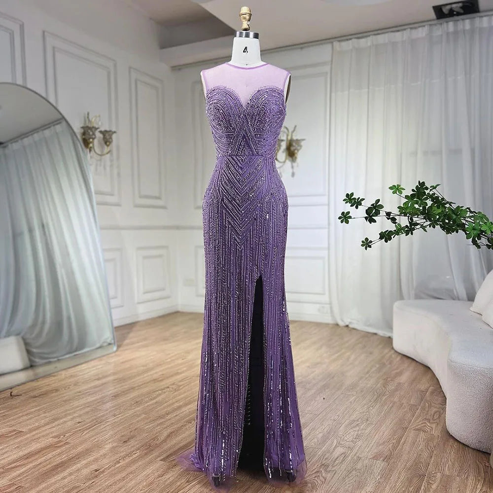 Serene Hill Caramel Cape Sleeves Mermaid High Split Beaded Evening Dresses Long Celebrity Gowns For Woman Party LA72233 - SERENE HILL