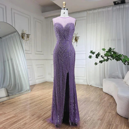 Serene Hill Caramel Cape Sleeves Mermaid High Split Beaded Evening Dresses Long Celebrity Gowns For Woman Party LA72233 - SERENE HILL