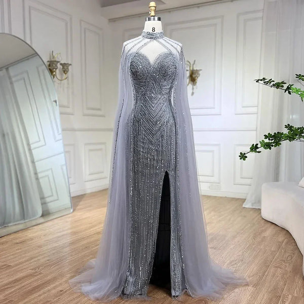 Serene Hill Caramel Cape Sleeves Mermaid High Split Beaded Evening Dresses Long Celebrity Gowns For Woman Party LA72233