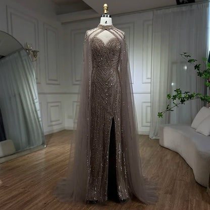 Serene Hill Caramel Cape Sleeves Mermaid High Split Beaded Evening Dresses Long Celebrity Gowns For Woman Party LA72233 - SERENE HILL