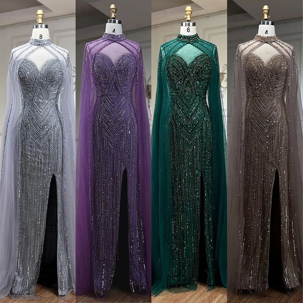Serene Hill Caramel Cape Sleeves Mermaid High Split Beaded Evening Dresses Long Celebrity Gowns For Woman Party LA72233 - SERENE HILL