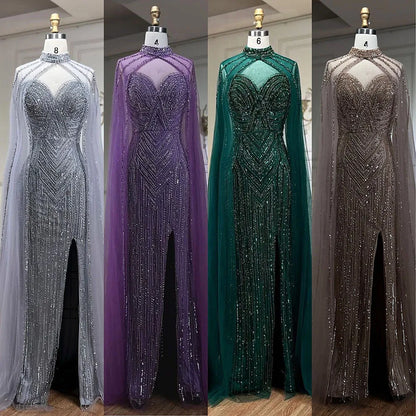 Serene Hill Caramel Cape Sleeves Mermaid High Split Beaded Evening Dresses Long Celebrity Gowns For Woman Party LA72233 - SERENE HILL