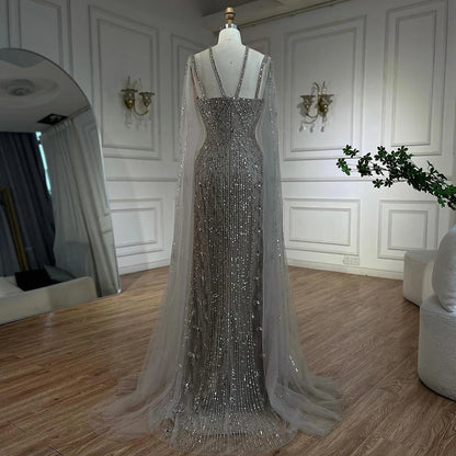 Caramel Cape Sleeves Beaded Mermaid Luxury Dubai Evening Dress LA71905B - SERENE HILL