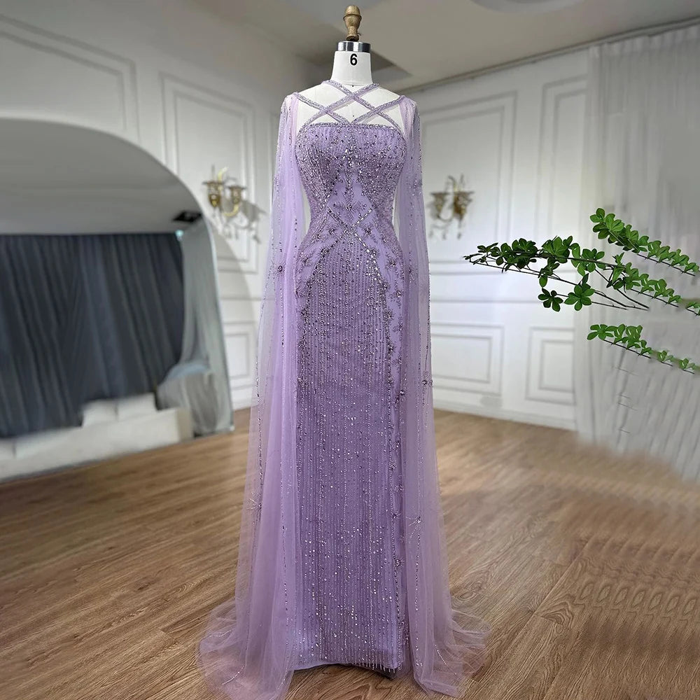 Caramel Cape Sleeves Beaded Mermaid Luxury Dubai Evening Dress LA71905B - SERENE HILL