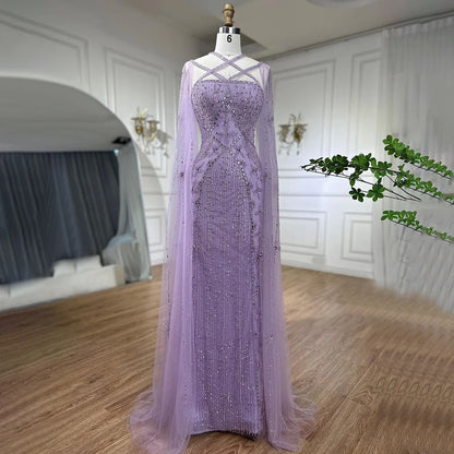 Caramel Cape Sleeves Beaded Mermaid Luxury Dubai Evening Dress LA71905B - SERENE HILL