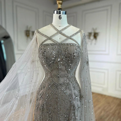 Caramel Cape Sleeves Beaded Mermaid Luxury Dubai Evening Dress LA71905B - SERENE HILL