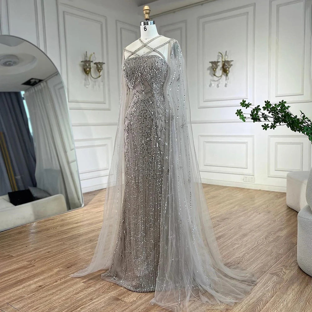 Caramel Cape Sleeves Beaded Mermaid Luxury Dubai Evening Dress LA71905B - SERENE HILL