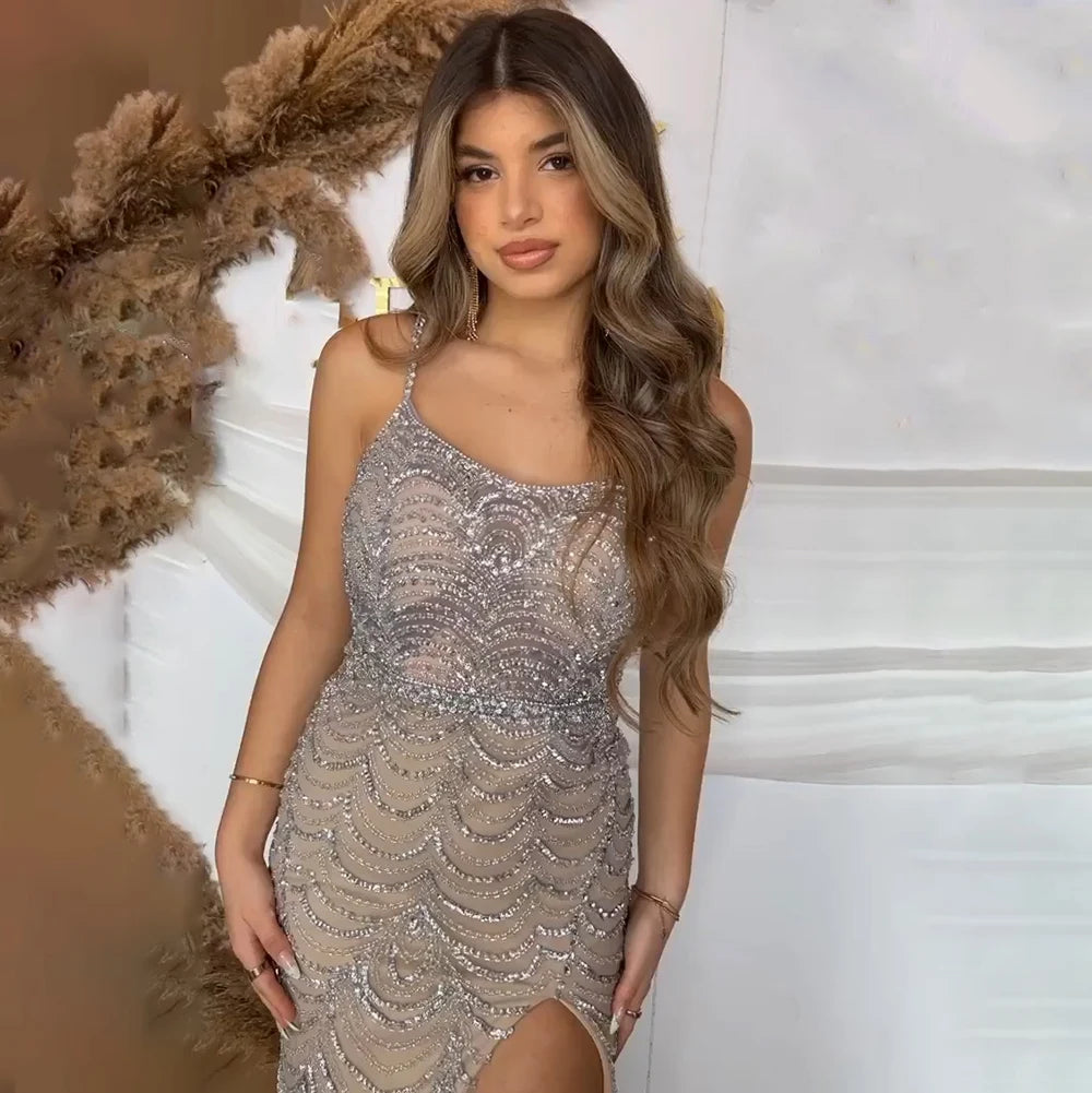 On Sale no return no refund Luxury Dubai Lilac Elegant Spaghetti Strap Split Beaded Formal Luxury Arabic Mermaid Evening Dresses for Formal Occasion LA72109 - SERENE HILL