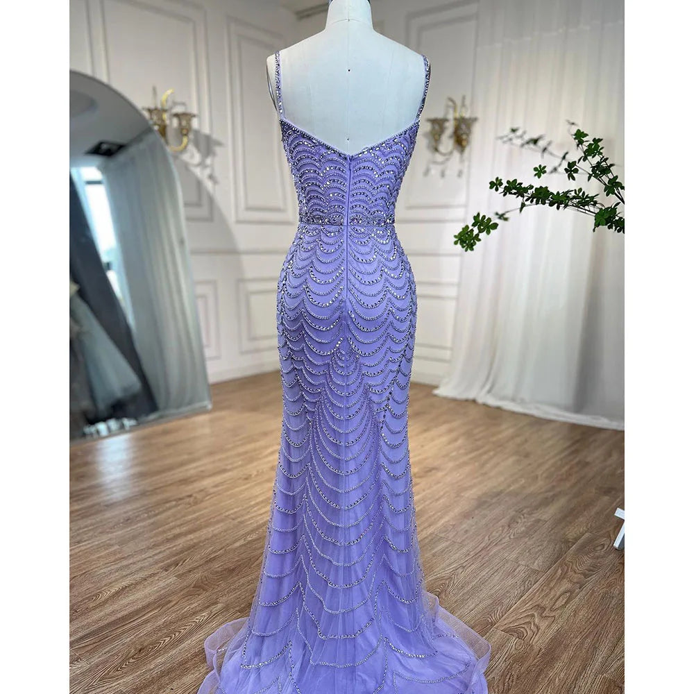 On Sale no return no refund Luxury Dubai Lilac Elegant Spaghetti Strap Split Beaded Formal Luxury Arabic Mermaid Evening Dresses for Formal Occasion LA72109 - SERENE HILL