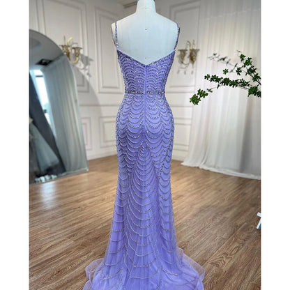 On Sale no return no refund Luxury Dubai Lilac Elegant Spaghetti Strap Split Beaded Formal Luxury Arabic Mermaid Evening Dresses for Formal Occasion LA72109 - SERENE HILL