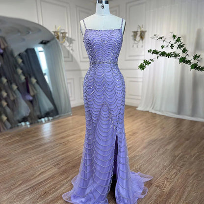 On Sale no return no refund Luxury Dubai Lilac Elegant Spaghetti Strap Split Beaded Formal Luxury Arabic Mermaid Evening Dresses for Formal Occasion LA72109 - SERENE HILL