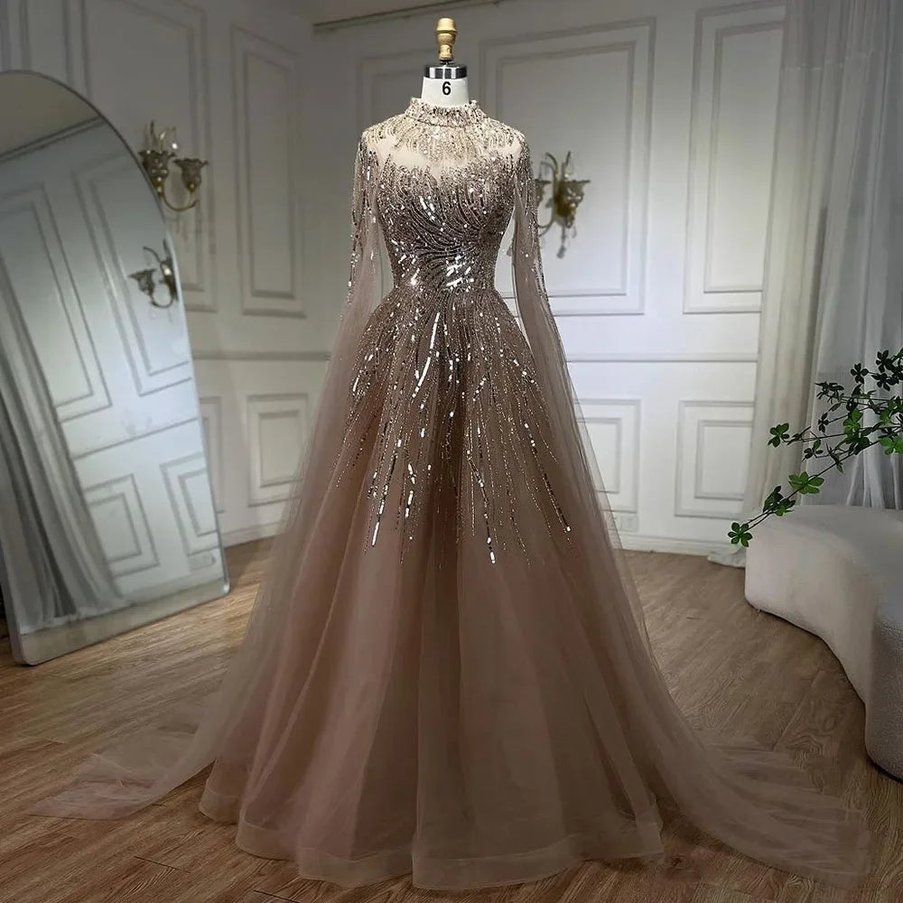 Serene Hill Caramel Luxury Evening Dresses with Cape Sleeves A-Line Beaded Lace Gown For Women&
