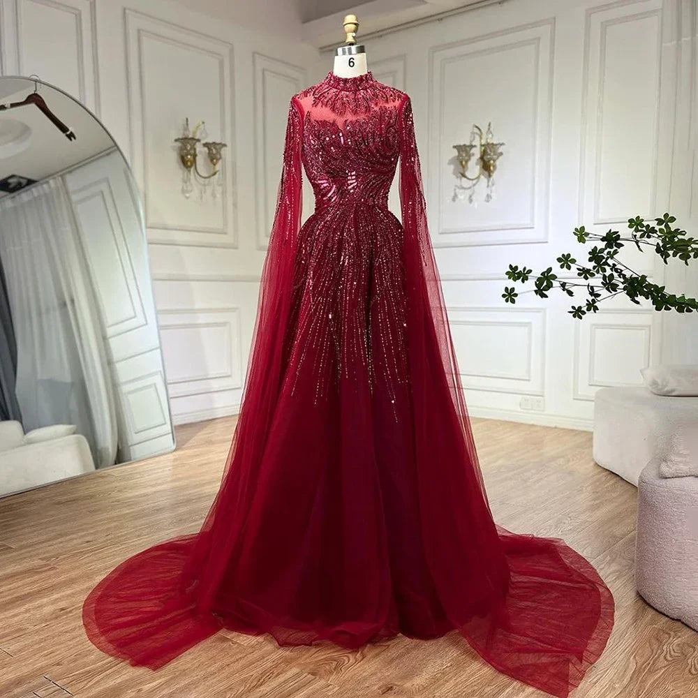 Serene Hill Caramel Luxury Evening Dresses with Cape Sleeves A-Line Beaded Lace Gown For Women&
