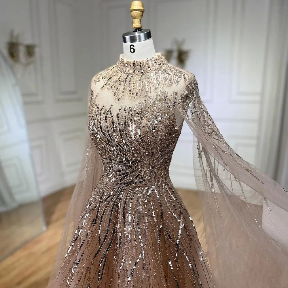 Serene Hill Caramel Luxury Evening Dresses with Cape Sleeves A-Line Beaded Lace Gown For Women&