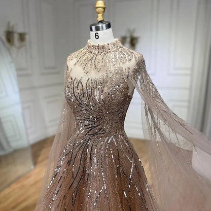 Serene Hill Caramel Luxury Evening Dresses with Cape Sleeves A-Line Beaded Lace Gown For Women&