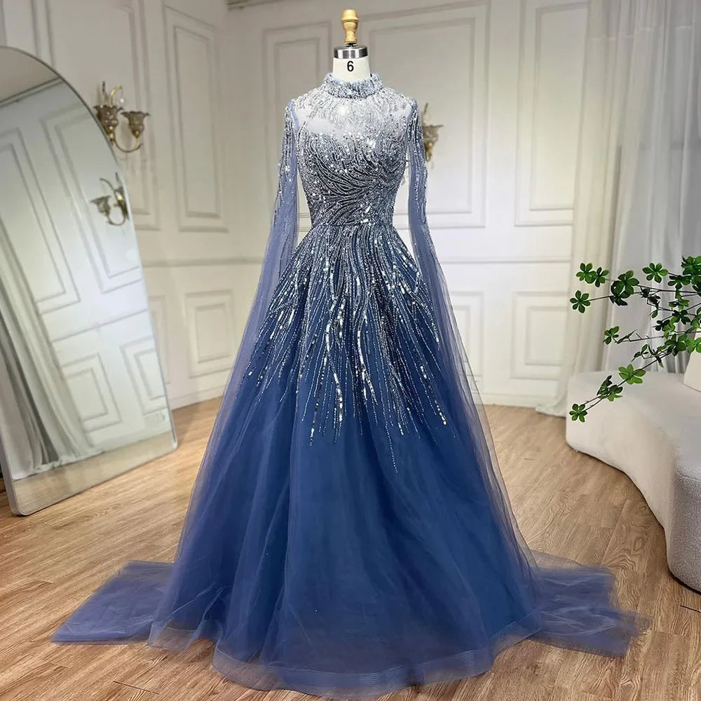 Serene Hill Caramel Luxury Evening Dresses with Cape Sleeves A-Line Beaded Lace Gown For Women&