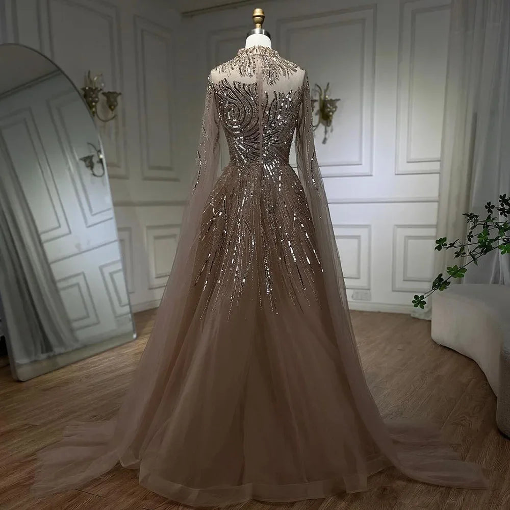 Serene Hill Caramel Luxury Evening Dresses with Cape Sleeves A-Line Beaded Lace Gown For Women&