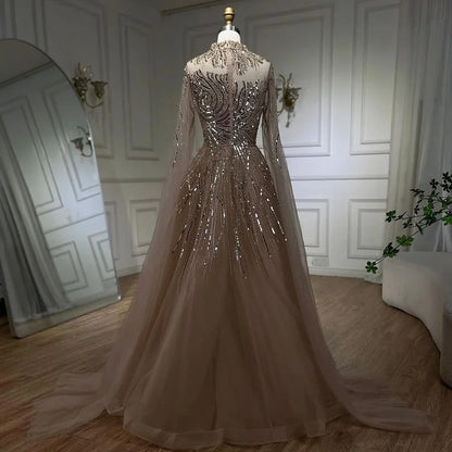 Serene Hill Caramel Luxury Evening Dresses with Cape Sleeves A-Line Beaded Lace Gown For Women&