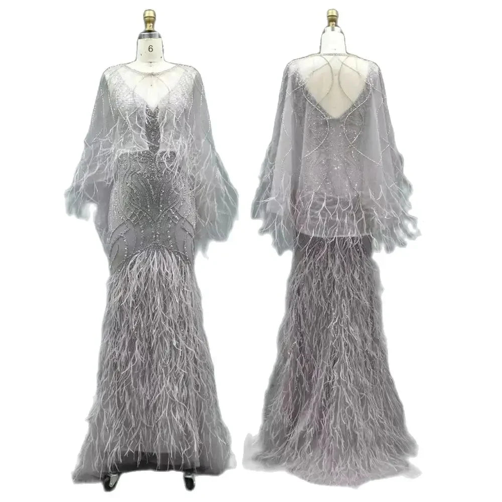 Luxury Caramel Feather Beaded Mermaid Evening Dress LA71866 - SERENE HILL