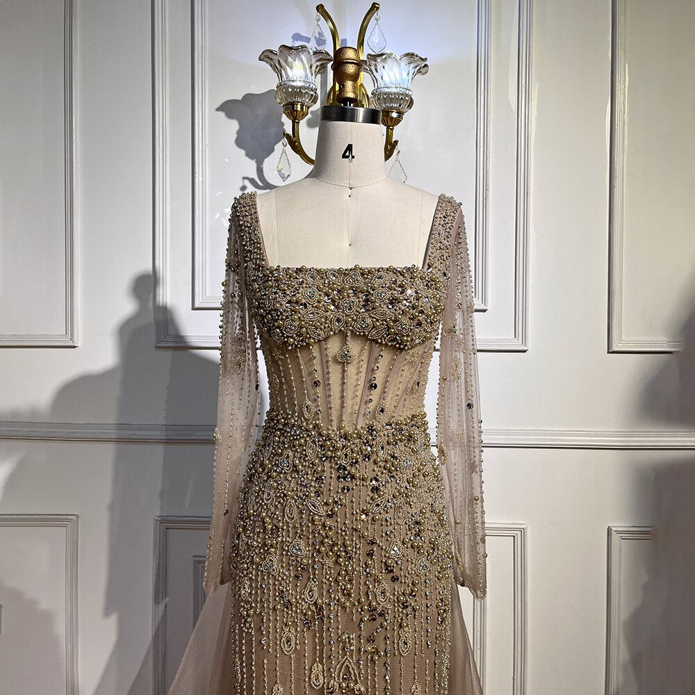 Luxury Caramel Long Sleeves Evening Dress with Overskirt LA72014 - SERENE HILL