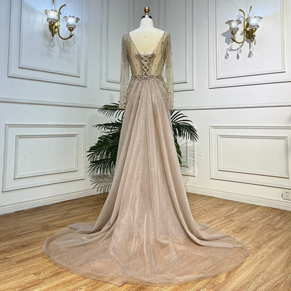 Luxury Caramel Long Sleeves Evening Dress with Overskirt LA72014 - SERENE HILL