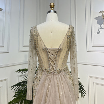 Luxury Caramel Long Sleeves Evening Dress with Overskirt LA72014 - SERENE HILL