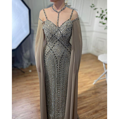 Serene Hill Caramel Mermaid Cape Sleeves Evening Dresses Luxury Beaded Arabic Party Gowns 2025 For Women LA72053A - SERENE HILL