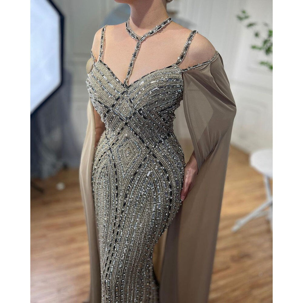 Serene Hill Caramel Mermaid Cape Sleeves Evening Dresses Luxury Beaded Arabic Party Gowns 2025 For Women LA72053A - SERENE HILL