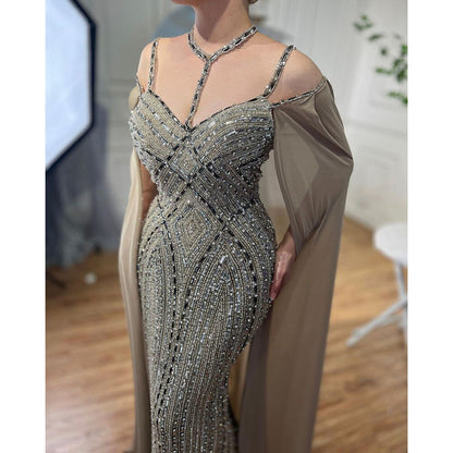 Serene Hill Caramel Mermaid Cape Sleeves Evening Dresses Luxury Beaded Arabic Party Gowns 2025 For Women LA72053A - SERENE HILL