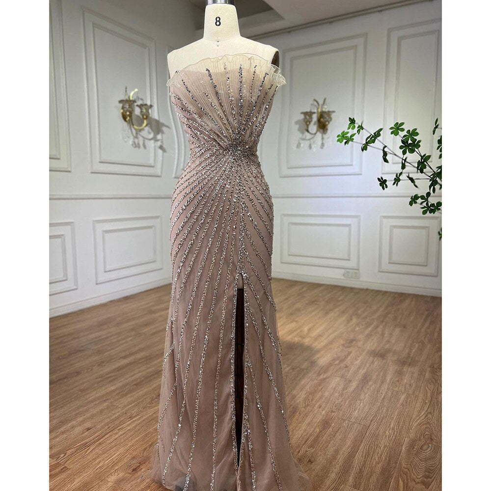 Serene Hill Caramel Sexy High Split Off Shoulder Mermaid Evening Dresses Beaded Gowns 2025 For Women Wedding Party LA72049 - SERENE HILL
