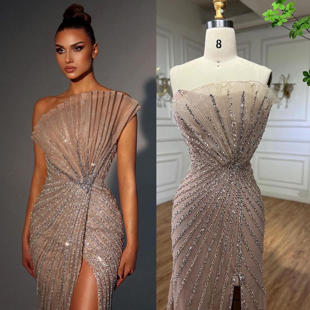 Serene Hill Caramel Sexy High Split Off Shoulder Mermaid Evening Dresses Beaded Gowns 2025 For Women Wedding Party LA72049 - SERENE HILL