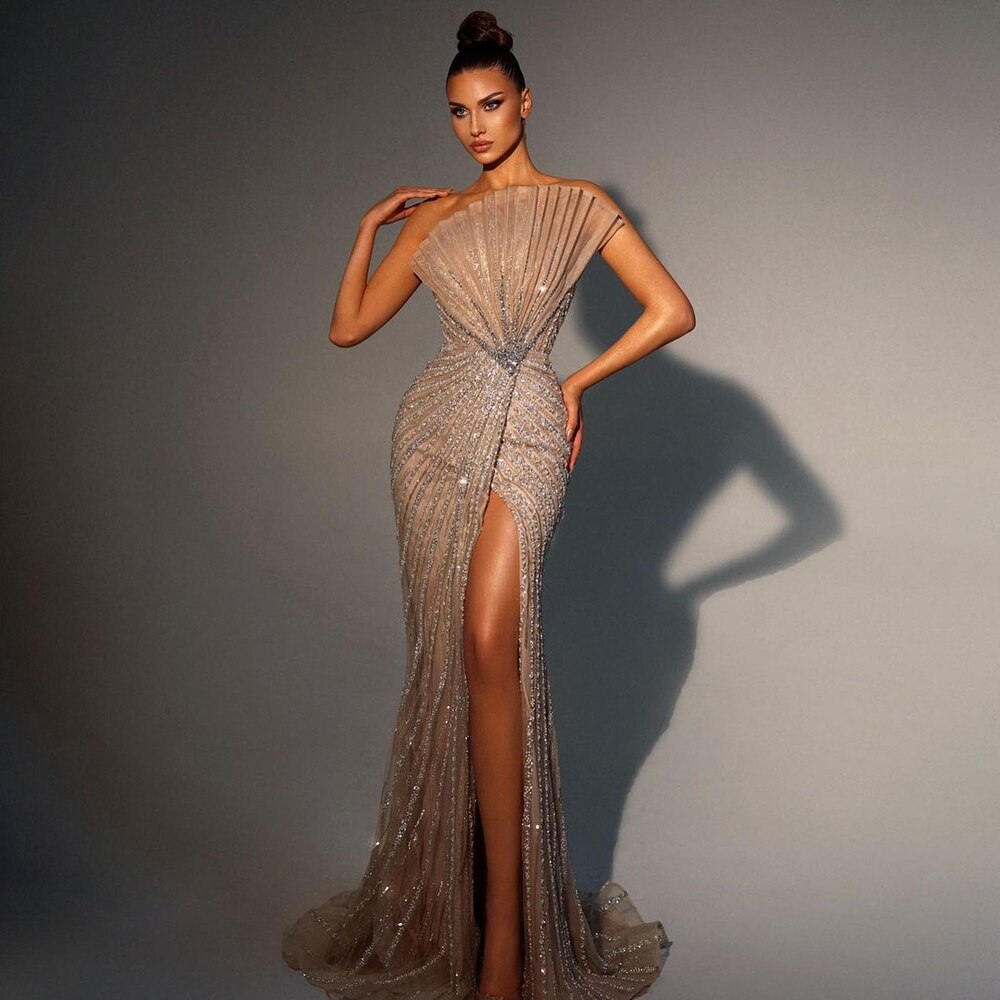 Serene Hill Caramel Sexy High Split Off Shoulder Mermaid Evening Dresses Beaded Gowns 2025 For Women Wedding Party LA72049 - SERENE HILL