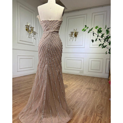 Serene Hill Caramel Sexy High Split Off Shoulder Mermaid Evening Dresses Beaded Gowns 2025 For Women Wedding Party LA72049 - SERENE HILL
